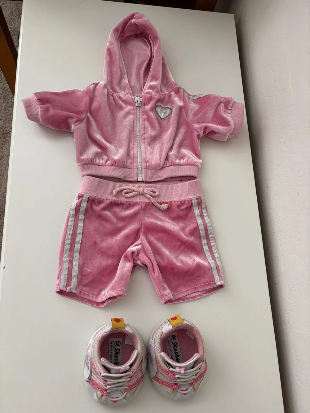 Build-A-Bear Pink Velvet Hooded Short Set and Skechers sneakers